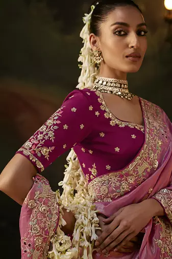 onion pink faux tissue saree with contrast embroidered blouse