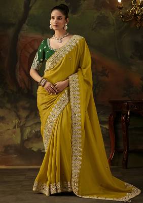mustard faux tissue saree with contrast embroidered blouse 1