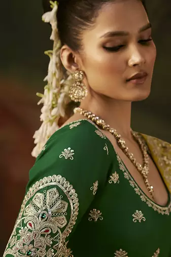 mustard faux tissue saree with contrast embroidered blouse