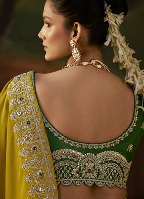 mustard faux tissue saree with contrast embroidered blouse 3