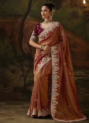 rust faux tissue saree with contrast embroidered blouse 1