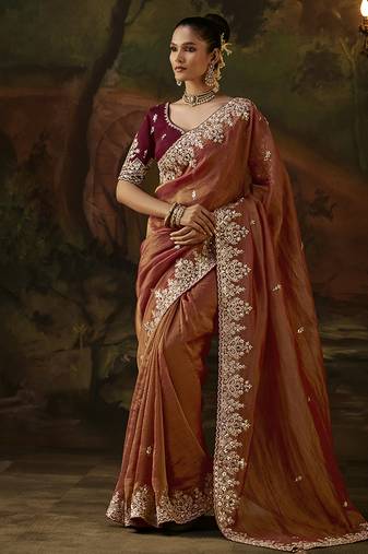 rust faux tissue saree with contrast embroidered blouse