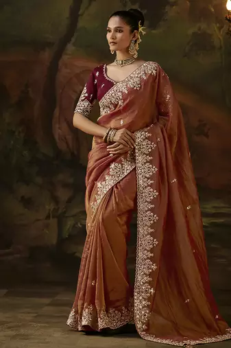 rust faux tissue saree with contrast embroidered blouse