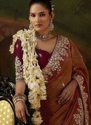 rust faux tissue saree with contrast embroidered blouse 2