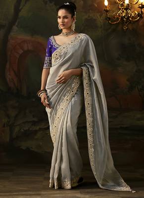 grey faux tissue saree with contrast embroidered blouse 1