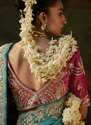 sea green faux tissue saree with contrast embroidered blouse 2