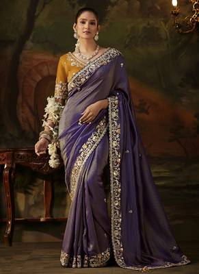 violet faux tissue saree with contrast embroidered blouse 1