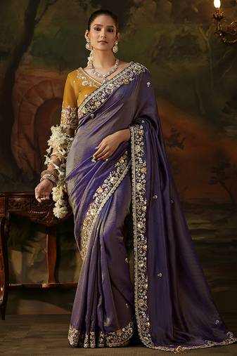 violet faux tissue saree with contrast embroidered blouse