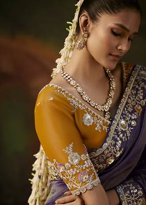 violet faux tissue saree with contrast embroidered blouse 2