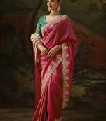 pink faux tissue saree with contrast embroidered blouse