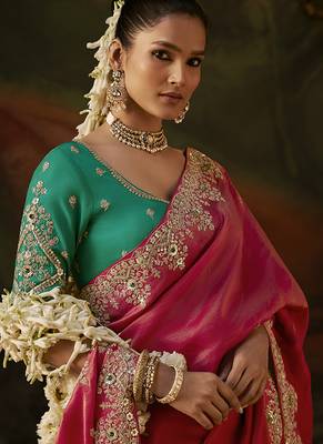 pink faux tissue saree with contrast embroidered blouse 2