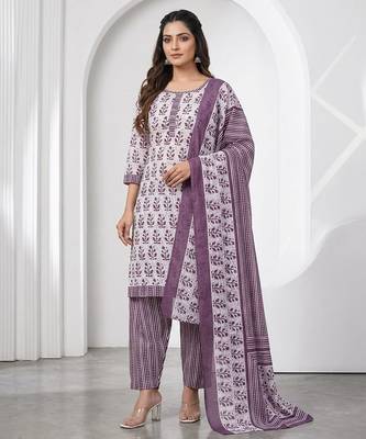 Purple printed cotton blend stitched floral print salwar kurta dupatta for women 1