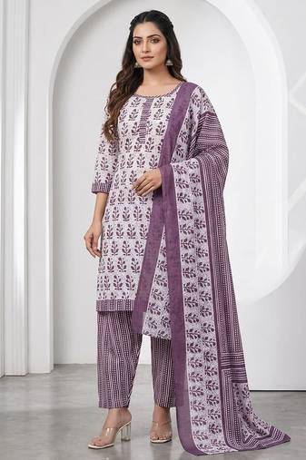 Purple printed cotton blend stitched floral print salwar kurta dupatta for women