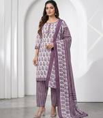 Purple printed cotton blend stitched floral print salwar kurta dupatta for women