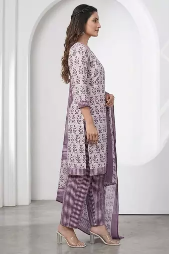 Purple printed cotton blend stitched floral print salwar kurta dupatta for women