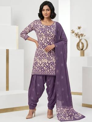Purple printed cotton blend stitched geometric print salwar kurta dupatta for women 1
