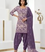 Purple printed cotton blend stitched geometric print salwar kurta dupatta for women
