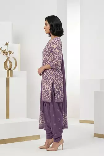 Purple printed cotton blend stitched geometric print salwar kurta dupatta for women