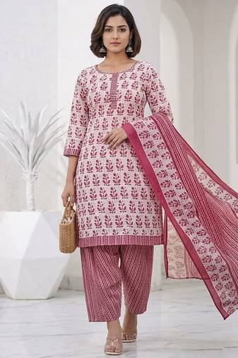 Pink printed cotton blend stitched floral print salwar kurta dupatta for women