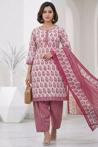 Pink printed cotton blend stitched floral print salwar kurta dupatta for women