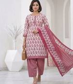Pink printed cotton blend stitched floral print salwar kurta dupatta for women