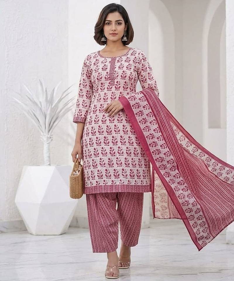 Pink printed cotton blend stitched floral print salwar kurta dupatta for women
