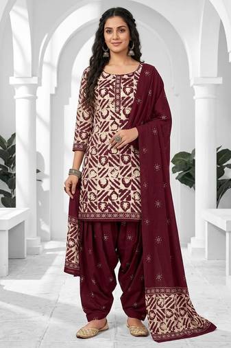 Maroon printed cotton blend stitched geometric print salwar kurta dupatta for women