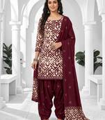 Maroon printed cotton blend stitched geometric print salwar kurta dupatta for women