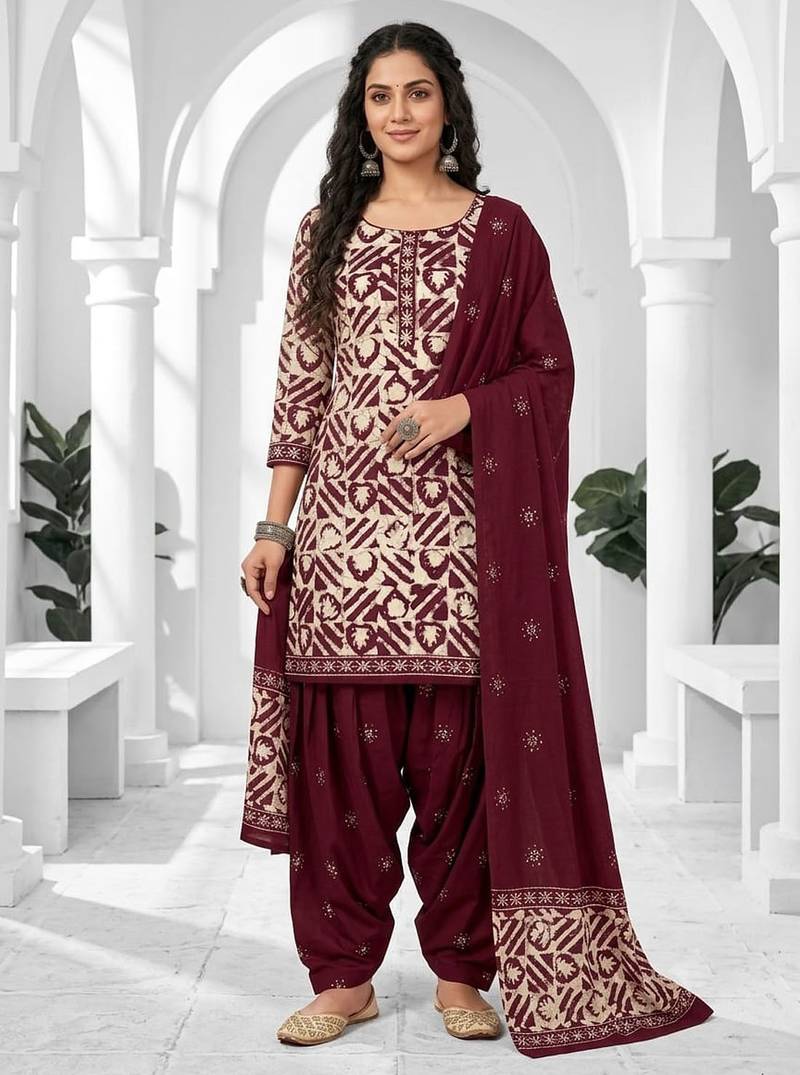Maroon printed cotton blend stitched geometric print salwar kurta dupatta for women