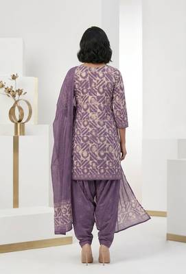 Purple printed cotton blend stitched geometric print salwar kurta dupatta for women 3