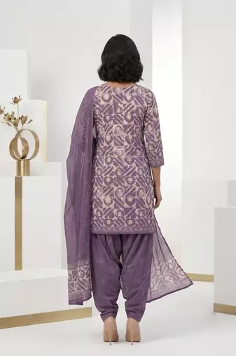 Purple printed cotton blend stitched geometric print salwar kurta dupatta for women