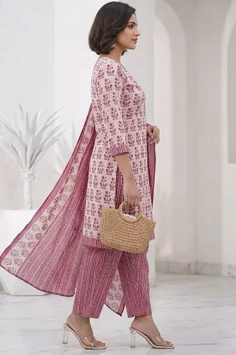 Pink printed cotton blend stitched floral print salwar kurta dupatta for women