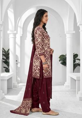 Maroon printed cotton blend stitched geometric print salwar kurta dupatta for women 2