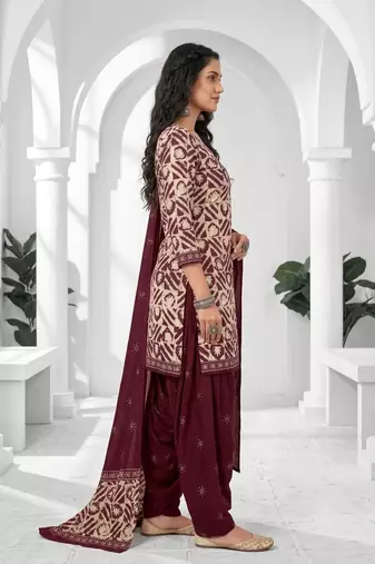 Maroon printed cotton blend stitched geometric print salwar kurta dupatta for women