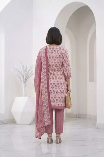 Pink printed cotton blend stitched floral print salwar kurta dupatta for women