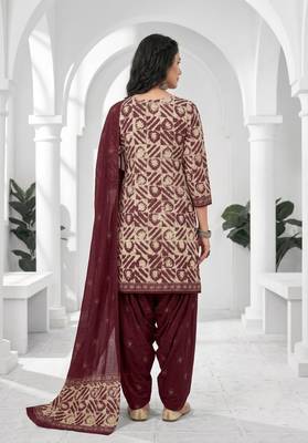 Maroon printed cotton blend stitched geometric print salwar kurta dupatta for women 3