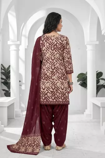 Maroon printed cotton blend stitched geometric print salwar kurta dupatta for women