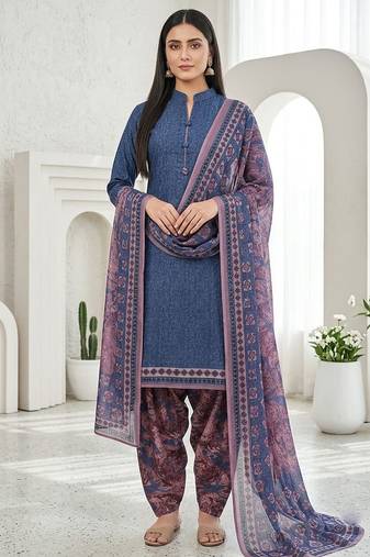 Blue printed cotton blend stitched geometric print salwar kurta dupatta for women