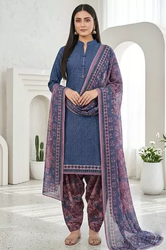 Blue printed cotton blend stitched geometric print salwar kurta dupatta for women