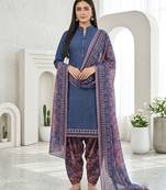 Blue printed cotton blend stitched geometric print salwar kurta dupatta for women