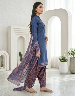 Blue printed cotton blend stitched geometric print salwar kurta dupatta for women 2