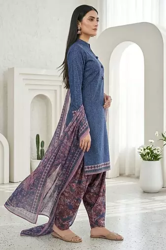 Blue printed cotton blend stitched geometric print salwar kurta dupatta for women