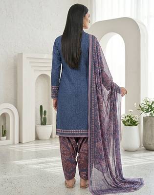 Blue printed cotton blend stitched geometric print salwar kurta dupatta for women 3