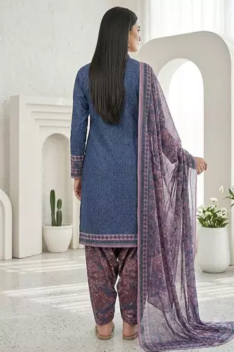 Blue printed cotton blend stitched geometric print salwar kurta dupatta for women