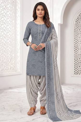 Grey printed cotton blend stitched bandhani print salwar kurta dupatta for women