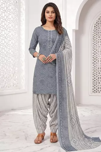 Grey printed cotton blend stitched bandhani print salwar kurta dupatta for women