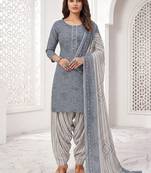 Grey printed cotton blend stitched bandhani print salwar kurta dupatta for women