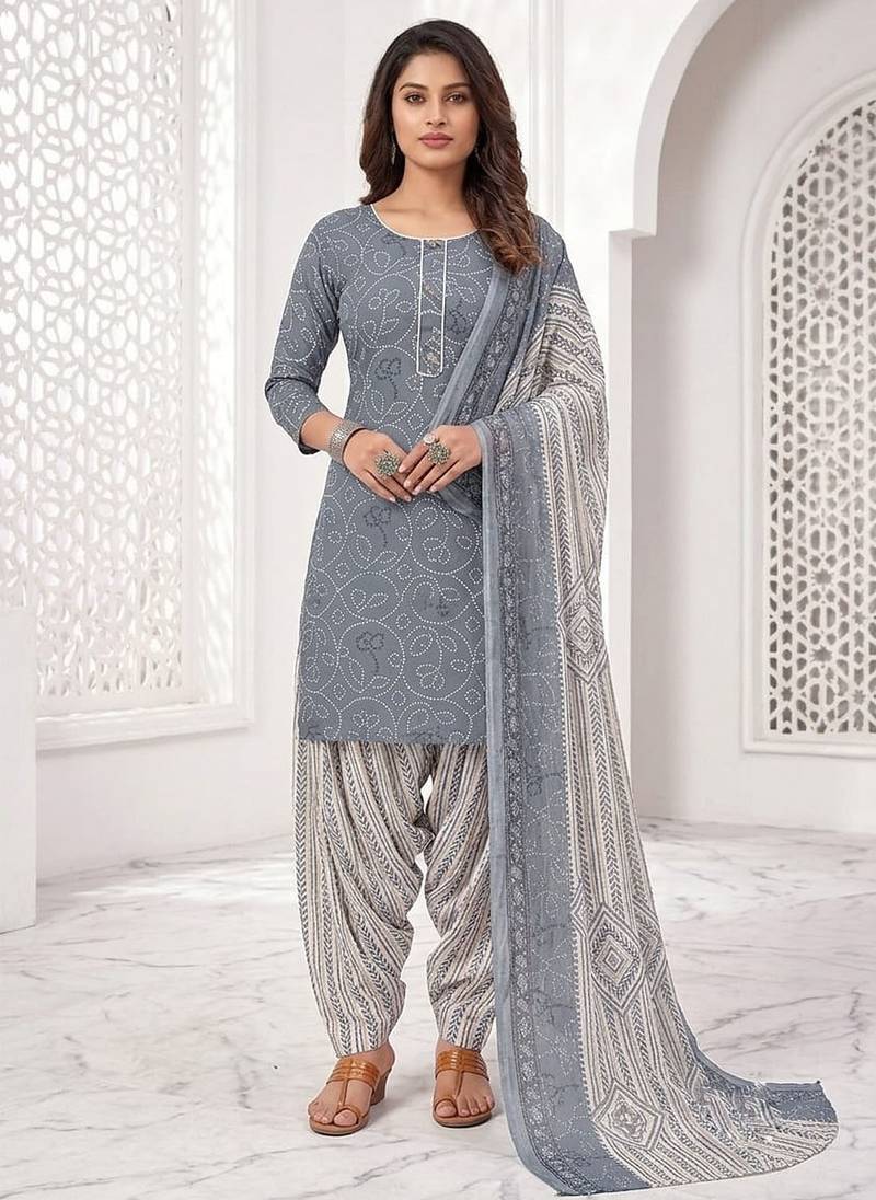 Grey printed cotton blend stitched bandhani print salwar kurta dupatta for women