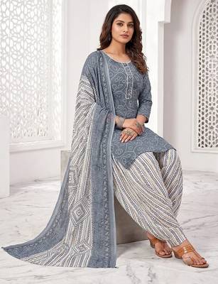 Grey printed cotton blend stitched bandhani print salwar kurta dupatta for women 2