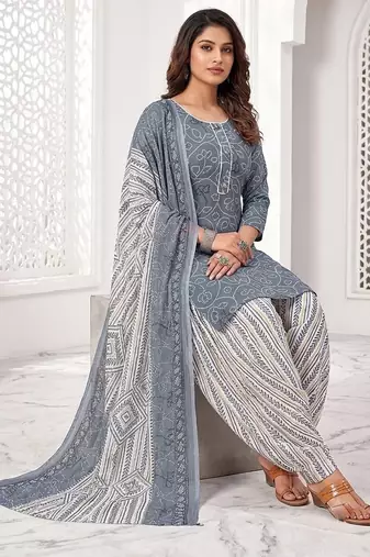 Grey printed cotton blend stitched bandhani print salwar kurta dupatta for women